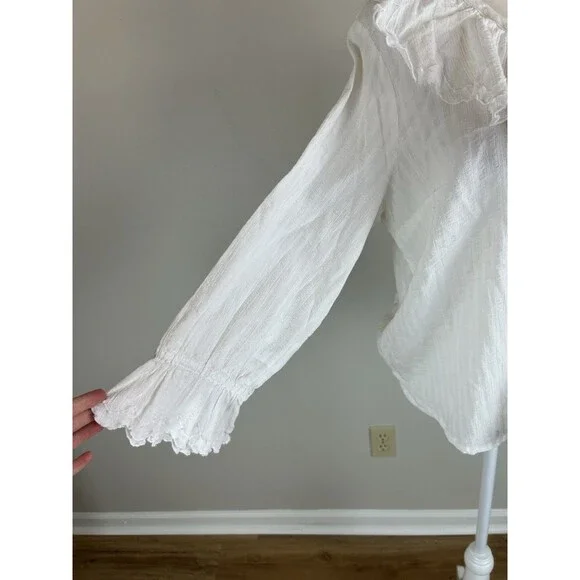 Womens Top M Poet Ruffle Neck Romantic Pirate Bell Sleeve White Boho Renaissance - Picture 2 of 6